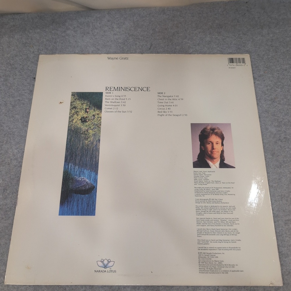 Wayne Gratz Reminiscence Vinyl LP Narada Lotus 1989 New Age Piano N-61023 - Picture 2 of 6
